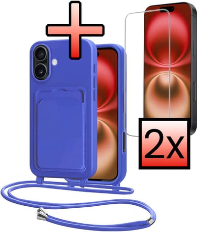 Hoes Geschikt voor iPhone 16 Plus Hoesje Pasjeshouder Cover Met Koord Case Siliconen Hoes Met Telefoonkoord en Kaarthouder Met 2x Screenprotector - Felblauw