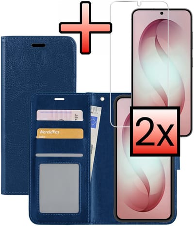 Hoesje - Met 2x Screenprotector - Geschikt voor Samsung Galaxy S26 - Luxe Pasjeshouder - Bookcase Portemonee - Flip Case - Kunstleer Book Case - Flipcase Hoes - Book Cover - Walletcase - Portemonneehoes - Donkerblauw