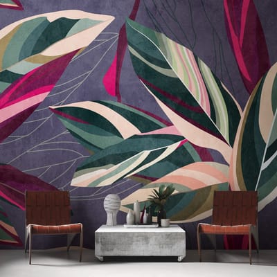 Fotobehang Profhome 382721-GU vliesbehang hardvinyl warmdruk in reliëf glad met bloemmotief mat purper groen zuurstokroze beige 3,71 m x 2,8 m