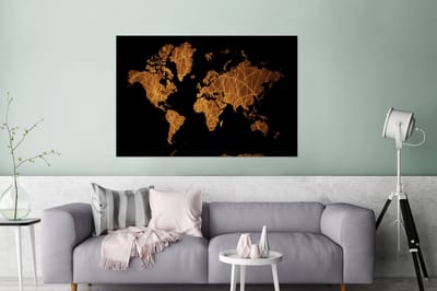 Aluminium schilderij 180x120 cm - Wanddecoratie metaal - Wereldkaart - Zwart - Goud - Metalen muurdecoratie woonkamer - Decoratie industrieel - Foto op dibond - Industriële accessoires slaapkamer