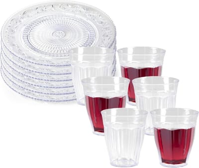 Plasticforte camping servies van kunststof - 6x dinerborden 25 cm en 6x drinkbekers 250 ml - transparant - onbreekbaar