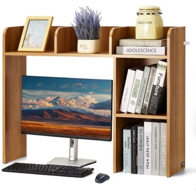 VEVOR Bureau Boekenplank 2-laags Organizer (94,5 x 24,1 x 73,4 cm) Tafelplanken Bureau Organizer Display Plank Gemaakt van Spaanplaat met Antislip Voetjes, voor Kantoor Slaapzaal, Houtkleur