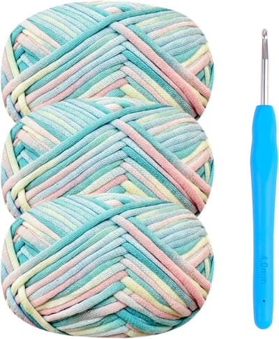Haakgaren katoen haakwol chenille wol voor het haken 3 x 50g haakwol met haaknaald 4mm, Dik katoen-nylon mengselgaren Mix-blauw