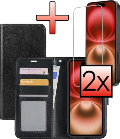 Hoesje - Met 2x Screenprotector - Geschikt voor Apple iPhone 16 - Luxe Pasjeshouder - Bookcase Portemonee - Flip Case - Kunstleer Book Case - Flipcase Hoes - Book Cover - Walletcase - Portemonneehoes - Zwart