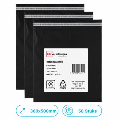 Verzendzakken Zwart 360x500 mm - 50 Stuks - CoEx LDPE - Zelfklevende Plakstrip - Scheurvast & Waterafstotend | G&F Verpakkingen