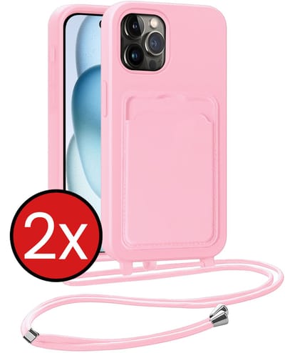Hoesje Geschikt voor iPhone 14 Pro Hoesje Met Telefoonkoord en Pasjeshouder Siliconen - Hoes Geschikt voor iPhone 14 Pro Hoesje Met Kaarthouder Case - Lichtroze - 2 PACK