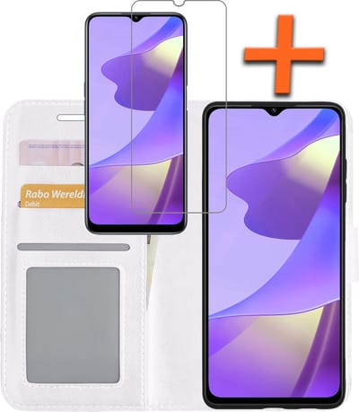Hoes - Met Screenprotector - Geschikt voor OPPO A16s - Luxe Pasjeshouder - Bookcase Portemonee - Flip Case - Kunstleer Book Case - Flipcase - Book Cover - Walletcase - PortemonneeHoes - Wit