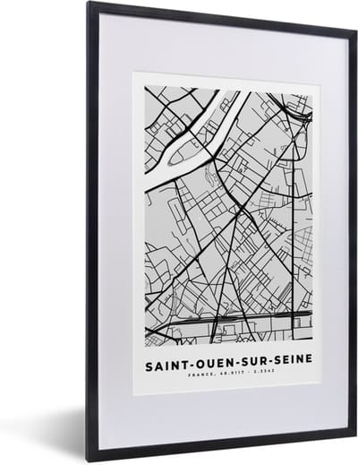 Fotolijst incl. Poster - Kaart – Stadskaart – Frankrijk - Saint-Ouen-sur-Seine - Plattegrond - 40x60 cm - Posterlijst