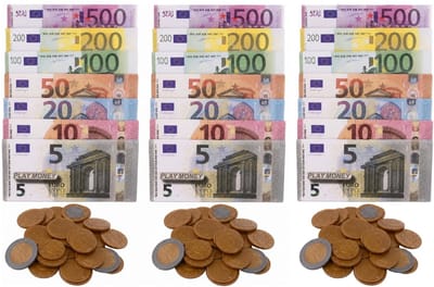 Speelgeld - 3x sets pakjes - Euro - briefgeld en muntgeld - winkeltje spelen - euromunten - eurobriefjes - munten en briefjes - speelgoed geld