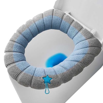 Zachte toiletbrilhoes - Toiletbrilhoes - Zachte toiletdekselhoes - Warme toilethoes - Met handvat - Rekbare badkamertoiletbrilhoes voor de winter - Zacht en warm - Past op de meeste ovale toiletbrillen - Grijs, Blauw