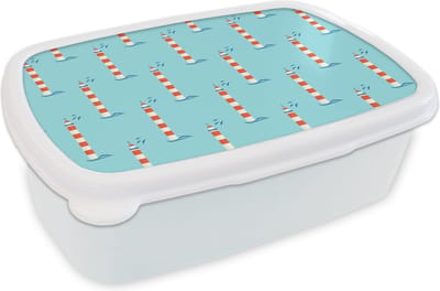 Broodtrommel Wit - Lunchbox - Brooddoos - Vuurtoren - Blauw - Strand - Patronen - 18x12x6 cm - Volwassenen