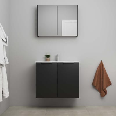 On-Line Badkamermeubelset - 80 cm - Bouwpakket - 2 Deuren met Greep - Porseleinen Wastafel - 1 Kraangat - Spiegelkast - Mat Zwart