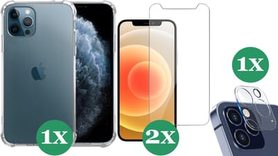 Hoesje geschikt voor iPhone 12 Pro Transparant Shock Case - 2x Screenprotector Glas + 1x Camera Screen Protector