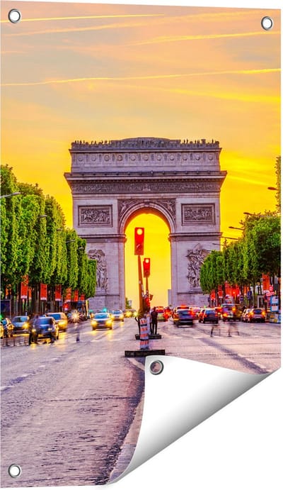 Gards Tuinposter Arc de Triomphe in Parijs vanaf de Straat - 40x60 cm - Tuindoek - Tuindecoratie - Wanddecoratie buiten - Tuinschilderij