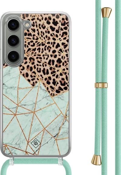 Casimoda® hoesje met mintgroen koord - Geschikt voor Samsung S23 - Luipaard Marmer Mint - Afneembaar koord - TPU/polycarbonaat - Mint