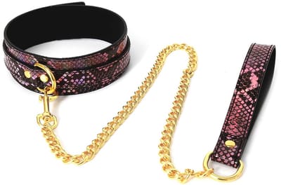 Kiotos Leather - Collar En Leiband Met Reptielenprint - Goud/Roze - veganistisch vriendelijk