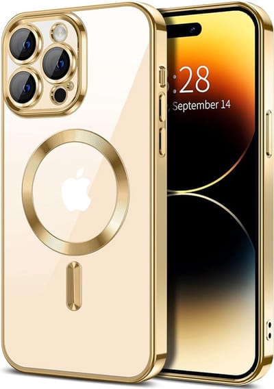 Hoesje geschikt voor Apple iPhone 14 Pro Max - Techsuit Luxury Crystal Back Cover - Geschikt voor MagSafe - Transparant/Goud