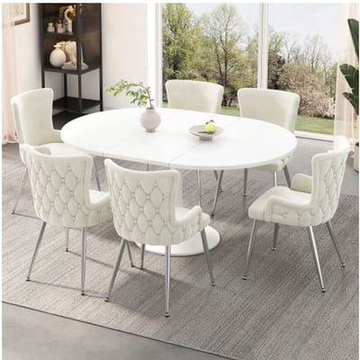 Eetkamerstoel - MUVOE - Set van 6 - Beige fluweel - Zilverkleurige metalen poten - Modern design beige