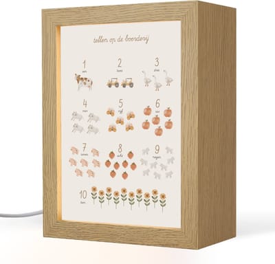 Nachtlampje 15x20 cm - Kinder lampje - Getallen tellen - Educatief - Cijfers leren - Boerderij - Tafellamp kinderkamer - Slaapkamer lamp - Bedlamp kinderen - Kinderlampje stopcontact - Wandlamp babykamer - Nachtlampjes