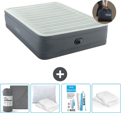 Intex Luchtbed - 2-Persoons - 152 x 203 x 46 cm - Grijs - Inclusief pomp - Hoeslaken - Kussen - Reparatieset en Kussenbeschermer