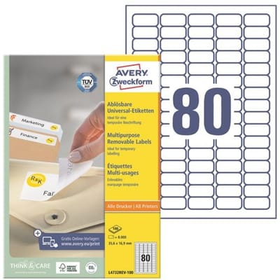 Avery-Zweckform L4732REV-100 Universele etiketten 35.6 x 16.9 mm Papier Wit 8000 stuk(s) Weer verwijderbaar Inkjet, Laser (zwart/wit), Laser (kleur),