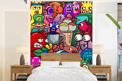 Behang - Fotobehang Patronen - Monster - Regenboog - Grappig - Abstract - Kinderen - Breedte 165 cm x hoogte 220 cm