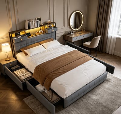 Gestoffeerd bed met ledverlichting, USB- en Type-C-oplaadpoort, modern platformframe van 140x200 cm met hoofdbord met 2 lades en 4 opberglades onder het bed, tweepersoonsbed voor volwassenen en tieners, grijs, flanellen stof, exclusief matras