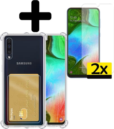 Hoesje - Geschikt voor Samsung Galaxy A50 / A50s - Met 2x Screenprotector - Pashouder - Kaarthouder - Telefoon Hoes Shockproof - Siliconen Case - Back Cover - Shock Proof - Pasjes Houder - Telefoonhoesjes - Transparant