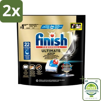 Finish - Vaatwasmiddel - Ultimate Plus Vaatwastabletten Regular - Krachtige Alles-in-1 Reiniging - 22 capsules - Voordeelverpakking - 2 stuks - Vaatwastabletten - Vaatwascapsules