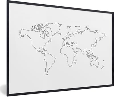 Poster in lijst - Fotolijst 120x80 cm - Posters - Wereldkaart - Simpel - Zwart - Wit - Posterlijst zwart - Decoratie - Wanddecoratie woonkamer - Muurdecoratie slaapkamer