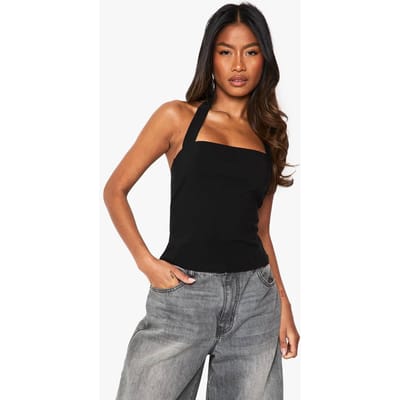 boohoo Dames Bengaline Halter Top met Vierkante Halslijn | Zwart | Maat: 40