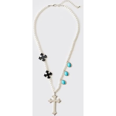 Faux Pearl Necklace with Black Cross and Teal Gemstones