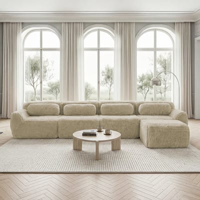 L-vormige bank voor 4 personen - modulair en veelzijdig samen te stellen - geen montage nodig - met kussens - chaise longue ontwerp - lichtkaki