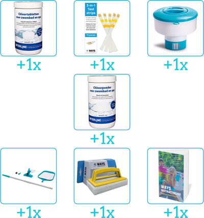 Zwembad Onderhoudspakket - Onderhoud Zwembad - bevat Chloor - Testrips - Chloordrijver - Chloor - Schoonmaakset - Scrubborstel en Zwembadgids (7-delig)