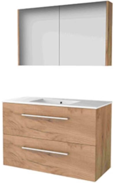 Basic-Line Comfort 46 Badkamermeubelset - 100 x 46 cm - Met Grepen - 2 Lades - Keramische Wastafel - 1 Kraangat - Spiegelkast - Whisky Oak
