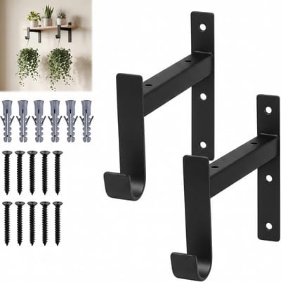Set van 2 Zwarte Wandplank Beugels met Haken, Ideaal voor Hoekplanken en Wandmontage, 155mm