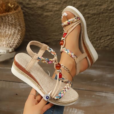 Grote Maat Etnische Stijl Nieuwe Stijl Strass Kralen Schuine Hak Mode Hoge Hakken Dikke Zool Dames Hennep Touw Geweven Sandalen 43 brown