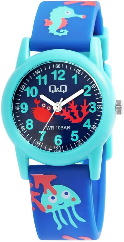Q&Q- kinderhorloge-model vr99j0174-print vissen en zeedieren-zwemmen 10 atm-waterdicht-blauw