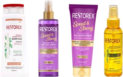Restorex Speed ​​​​& Strong Haarverzorgingset - Shampoo voor droog haar 500ml + Haarconditioner crème 250 ml + Voeibare conditioner 200 ml + Haarverzorgingsolie 80 ml - Herbal shampoo - bio - haarverzorging set