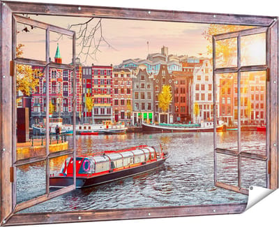 Gards Tuinposter Doorkijk Amsterdamse Huisjes vanaf de Grachten - 180x120 cm - Tuindoek - Tuindecoratie - Wanddecoratie buiten - Tuinschilderij