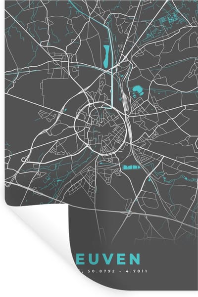 Muurstickers - Sticker Folie - Plattegrond – Leuven – Blauw – Stadskaart - Kaart - België - 20x30 cm - Plakfolie - Muurstickers Kinderkamer - Zelfklevend Behang - Zelfklevend behangpapier - Stickerfolie