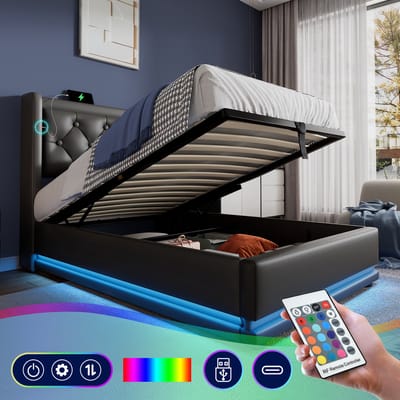 Gestoffeerd eenpersoonsbed 90*200 cm, zwart PU-materiaal, hydraulisch opbergbed, gewatteerd hoofdeinde met USB Type-C oplaadfunctie, 3-zijdige LED-verlichting (matras niet inbegrepen)