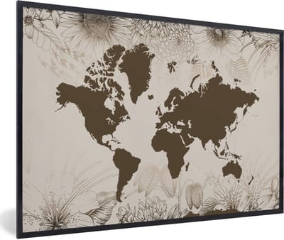 Poster in lijst - Fotolijst 90x60 cm - Posters - Wereldkaart - Vintage - Bloemen - Posterlijst zwart - Decoratie - Wanddecoratie woonkamer - Muurdecoratie slaapkamer
