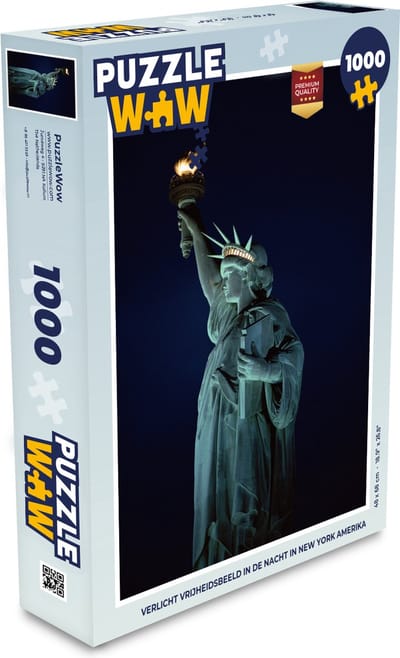 Puzzel Verlicht Vrijheidsbeeld in de nacht in New York Amerika - Legpuzzel - Puzzel 1000 stukjes volwassenen