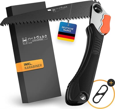 HARDTWERK Vouwzaag ALPHA takkenzaag met veilig slot (210 mm) voor tuin, buiten, Bushcraft [incl. S karabijnhaak] handzaag hout van SK5 koolstofstaal
