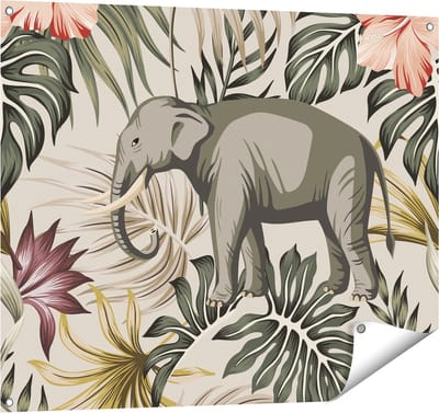 Gards Tuinposter Tropisch Getekende Olifant - Abstract - 100x80 cm - Tuindoek - Tuindecoratie - Wanddecoratie buiten - Tuinschilderij