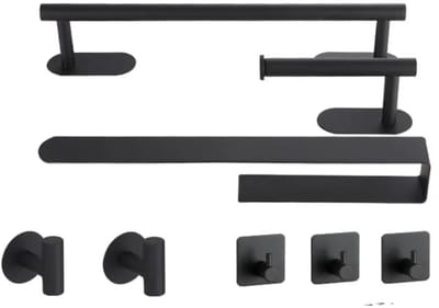 Badkameraccesoire Set van 8 - Toiletrolhouder - WC Rol Houder - Handdoekhouder - Handdoekhaken - Zonder Boren - Zelfklevend - Zwart