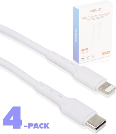Oplaadkabel geschikt voor iPhone 14 / 13 / 12 / 11 / X / Xr / Xs / Pro / Max / Plus / Mini - USB-C naar Lightning Kabel - 1 Meter - 4 Stuks Voordeelpack - 20W Snelladen & 480 Mbps Datakabel - Flexibel & Soepel