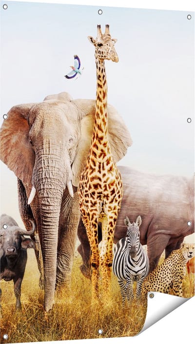 Gards Tuinposter Afrikaanse Dieren op het Gras - Afrika - 80x120 cm - Tuindoek - Tuindecoratie - Wanddecoratie buiten - Tuinschilderij