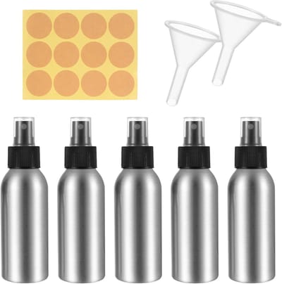 5 Stuks Kleine Sprayfles 100ml, Aluminium Verstuiver, Lege Sprayflessen om te Vullen, Spray Fles Pompfles voor Cosmetica Vloeistof Etherische Oliën, met 2 Trechters, 1 Sticker